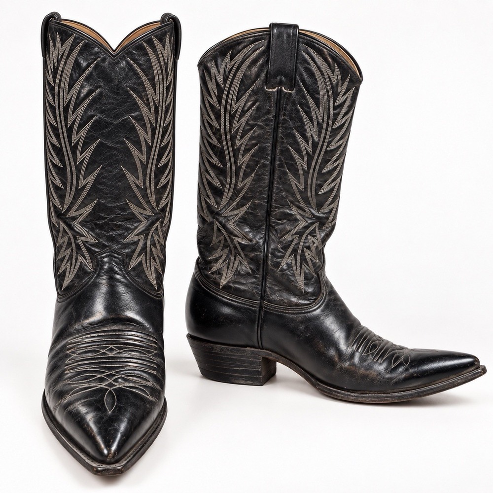 Vtg Nocona Red Label Men 7 D Cowboy Boots Black Leather Western Pointed Toe USA